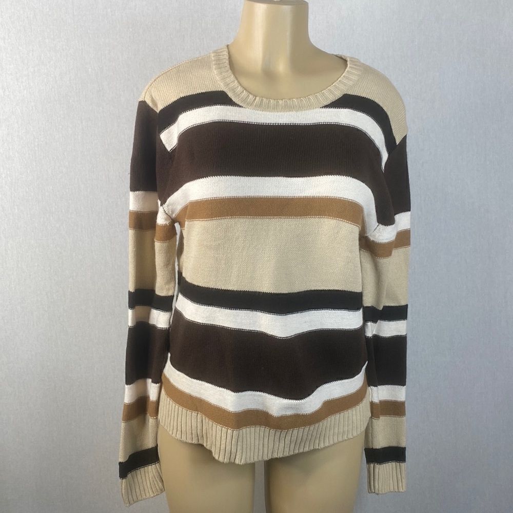 Mountain Lake Striped Size Large Sweater. Black, Brown, Tan, Cream. GUC.